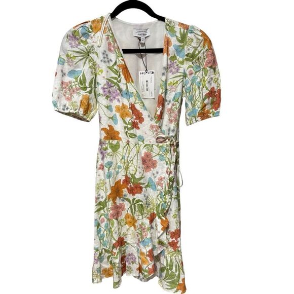 & Other Stories Linen Wrap Mini Dress in White Floral Print - Picture 4 of 10